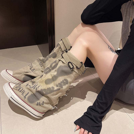 🔥👢Women's Retro Flat Slouch Mid-Calf Canvas Boots